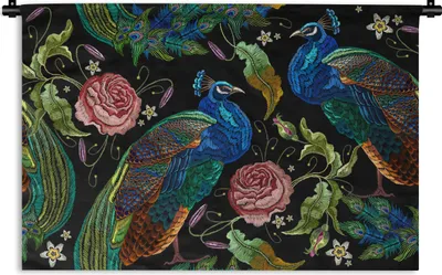 Produktbild von MuchoWow® Wandteppich Wandbehang Stickereidruck - Pfau - Blumen - Rosen 120x80 cm Tapisserie Dekoration Wandtuch - Wanddekorationen - Wandtücher