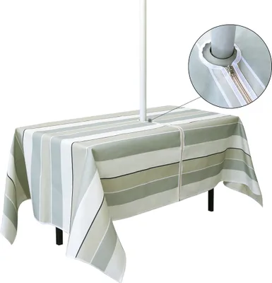 Produktbild von Tischdecke Rechteck mit Regenschirmloch und Reißverschluss für Patio Garden Party BBQ-Streifen bedruckt(150x213cm,Beige)