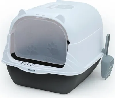 Immagine prodotto di Lettiera per gatti Intirilife con coperchio con paletta in bianco e nero -51 x 37,5 x 34,5 cm- Lettiera per gatti con coperchio, toilette moderna e chiusa per gatti- Coperchi per toilette Toilette a ridotta formazione di odori