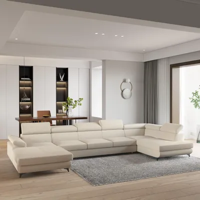 Produktbild von Masseno Ecksofa MONTIVA mit Schlaffunktion U-Form, Sofa mit Bettkasten, Wohnzimmersofa, Couch, Soffa, Bettsofa, Couchgarnitur- Creme, QUELLE 02