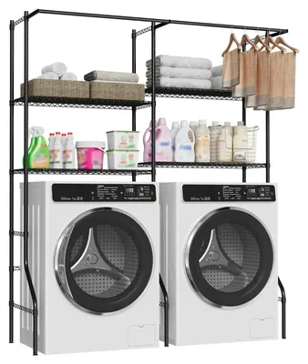 Immagine prodotto di Scaffale per lavatrici e asciugatrici - Scaffale portaoggetti - 5 ripiani - 2 appendiabiti - Metallo - Scaffale autoportante - Bagno - Nero
