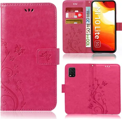 Produktbild von Handy Tasche für Xiaomi Mi 10 lite Schutz Hülle Handyhülle mit Blumenmuster Klapp Hülle mit Standfunktion und Kartenfächer Pink