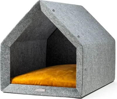 Zdjęcie produktu dla Rexproduct - PetHome 2.0 Domek dla psa, odporny na ugryzienia i zarysowania, izolacja akustyczna, ekologiczny, jasno szary + żółty rozmiar XL