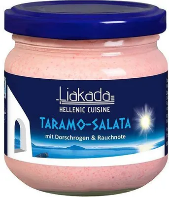 A jar of Liakada Taramo-Salata with Hellenic Cuisine branding.