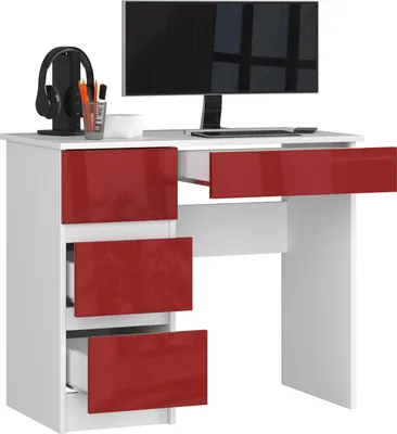 Immagine prodotto di BDW Scrivania per ufficio con 4 cassetti, scrivania da gioco, bianco / rosso lucido sinistro