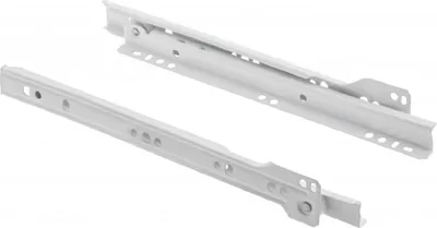 A pair of white drawer slides against a white background.