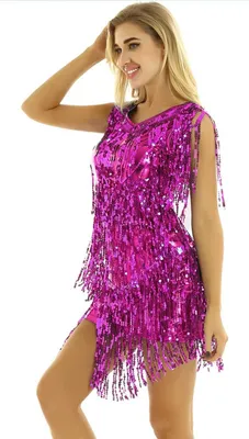 Produktbild von Damen Pailletten Gr. XL Kleid Salsa Rumba Tanzbauch Tanzkleid Metallic Kleid Glänzend Tanzkleid für Party