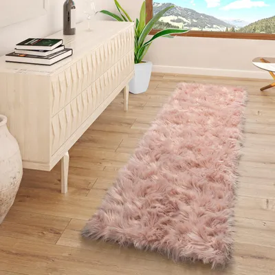 Produktbild von TT Home Wohnzimmer Hochflor Teppich Kunst-Fell Design Versch. Formen Unifarben, In Rosa Größe 120 cm Rund