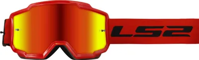 A pair of red motocross goggles with a mirrored red and yellow lens and a red strap with a black logo.