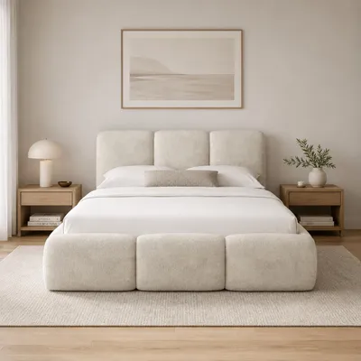 Produktbild von Home Collective Polsterbett Doppelbett Bubble Bouclé | Stauraum & Lattenrost | Bettkasten mit Gasdruckfedern 120x200 cm in Creme, KI-generiertes Bild
