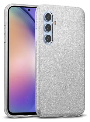 A close-up shot of a silver glitter phone case on a white background.