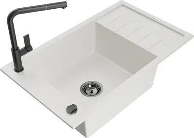 Produktbild von Mexen Elias 1 Becken-Granitspüle mit Abtropffläche und Mischbatterie Flora, Weiß - 6511-20-670401-70-B