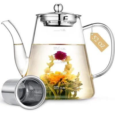 Productafbeelding van Theekann van glas, 1,5 liter, met zeefje voor losse thee en theebloemen, gemaakt van borosilicaatglas