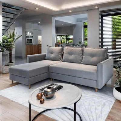 Zdjęcie produktu dla Masseno Narożnik PISAN R-S z funkcją spania i pojemnikiem na pościel Kształt L, Rozkładana sofa, Rogówka - Jasnoszary, PAROS 05