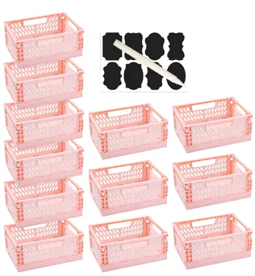 Productafbeelding van Opbergboxen set – 12 inklapbare boxen met labels en pennen, stapelbaar, kleur roze