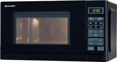 A black Sharp microwave oven is shown from a side-angle on a white background.