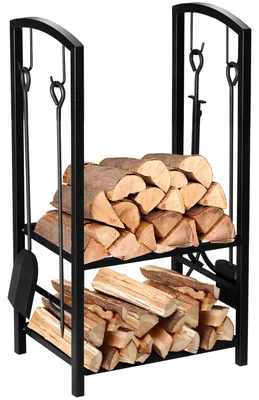Imagen del producto de Estante de Leña para chimenea 40x30x74,5 cm Soporte para Leña de 2 Niveles Leñero Exterior e Interior Metálico con 4 Herramientas Negro