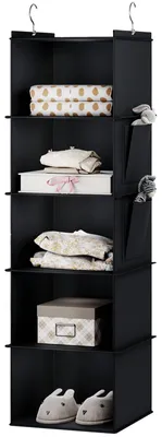 Produktbild von Hängeregal, Kleiderschrank-Organizer, Hängeaufbewahrung mit Bambusstangen und verstärkten MDF-Platten, für Kleidung, platzsparend und faltbar, Bambuseinsätze, 5 Fächer, schwarz