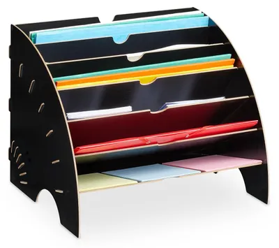 Image de TRANKIELO® - Boîte de rangement avec 6 compartiments pour documents A4 - Organisateur de bureau en MDF - Noir - 27 x 34 x 27 cm