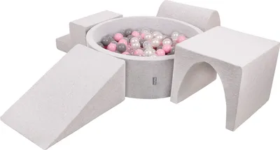Produktbild von KiddyMoon spielplatz aus schaumstoff mit rund bällebad (300 bälle) ballgruben für babys spielbad hindernisläufen, hergestellt in der eu, hellgrau:perle/grau/transparent/puderrosa