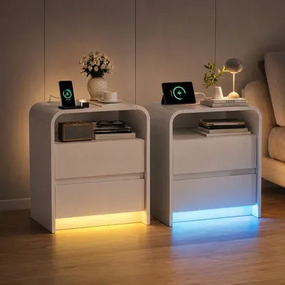 Produktbild von UnboxG 2er Set Nachttische Weiß – Nachttisch mit LED, USB & Type-C Ladeanschluss, 2 Steckdosen, 2 Schubladen und offenem Fach für Schlafzimmer