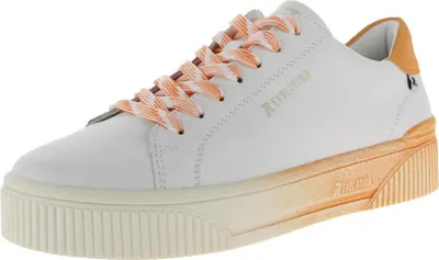 A white sneaker with orange accents and laces is shown against a white background.