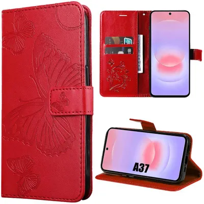 Image de Coque pour Samsung Galaxy A37 5G, Protection Rabat Anti-Rayures Synthécuir Relief Papillon - Rouge