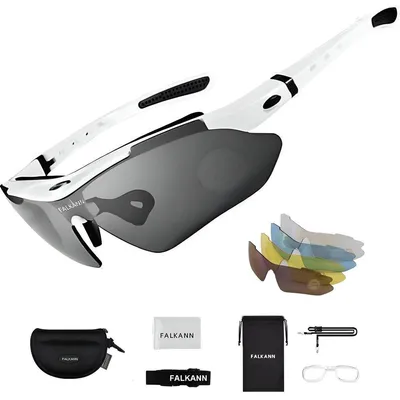 Produktbild von Falkann Basics Fahrradbrille Set Weiß – Sportbrille mit 5 Wechselgläsern inkl. polarisierter Linse – UV400 Radbrille für Damen & Herren