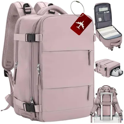 A collage of images showing a pink travel backpack from different angles and in use.