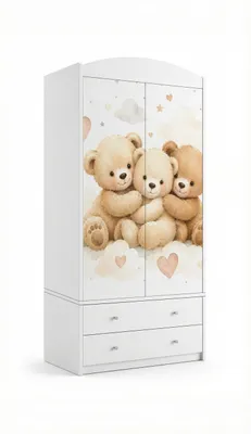 Produktbild von Babyschrank / Kinderschrank mit süßem Motiv, Garderobe für Kinderzimmer Weiß/Bunt, 2 Türen & Schubladen (88x187 cm)