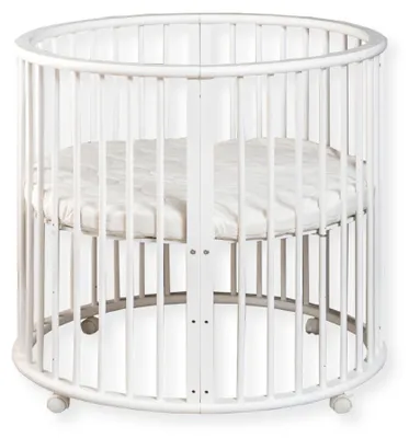 Produktbild von Buxibo Babybox – Grundausstattung – Runde Holzspielbox – Spielbereich – Inklusive Matratze – Mit Rollen – 85x85x85 cm – Weiß