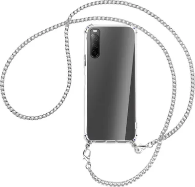 Produktbild von Handykette Backcover-Schutzhülle mit Band (Metall silberfarben) für Sony Xperia 10 II - silberfarbene Kette