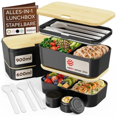 Obrázok produktu pre Lunchbox Umami Bento, súčasťou balenia je príbor a 2 nádobky na omáčky, bento box, lunchbox vhodný do mikrovlnnej rúry, integrovaný lunchbox