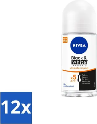 Imagen del producto de NIVEA - Desodorante roll-on - Black & White Ultimate Impact - 72 horas de protección antitranspirante - 50 ml - Paquete económico - 12 unidades