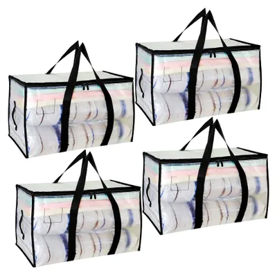 Produktbild von 4 Stück 90L große Aufbewahrungstaschen mit Deckel, transparente Umzugskartons für Kleidung, Plastiktaschen mit Reißverschlussgriff, Umzugstaschen für Umzug und Camping zur Kleideraufbewahrung