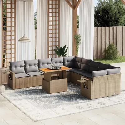 Produktbild von Design 11-tlg. Garten-Sofagarnitur mit Kissen Beige Poly Rattan, Gartenmöbel-Sets 2024 Neu