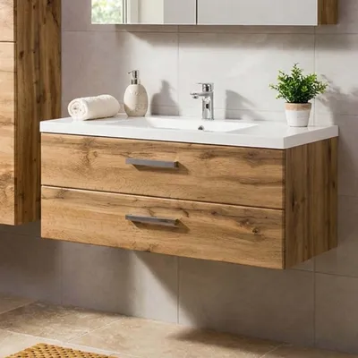 Produktbild von Quentis Badmöbel Genua, Breite 100 cm, Holzdekor Eiche Natur, Waschtischunterbau montiert