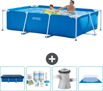 Produktbild von Intex-Schwimmbecken mit rechteckigem Rahmen – 260 x 160 x 65 cm – Blau – im Lieferumfang enthalten Abdeckung - Wartungspaket - Filterpumpe für Schwimmbad - Bodenplane