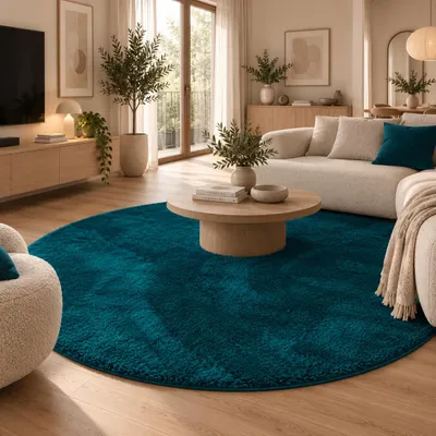 Produktbild von Luxus Super Soft Hochflor Teppich Silky Petrol Rund, Größe:160 cm Rund