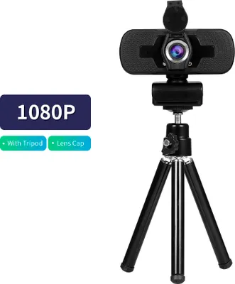Produktbild von 1080P HD Weitwinkel-Webcam-Videokonferenzkamera USB Plug & Play mit Objektivdeckel und Stativ fuer Laptop Desktop TV Box