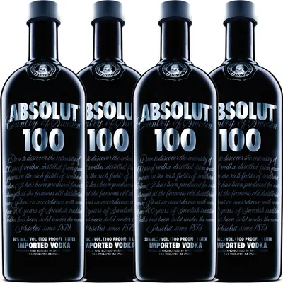 Produktbild von Absolut Vodka 100 4er Set, Wodka, Schnaps, Spirituose, Alkohol, Alkoholgetränk, Flasche, 50%, 4 x 1 L
