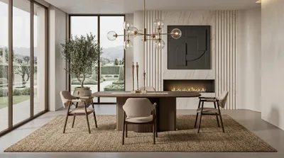 Immagine prodotto di Set da pranzo moderno, composto da un tavolo in legno e comode sedie imbottite