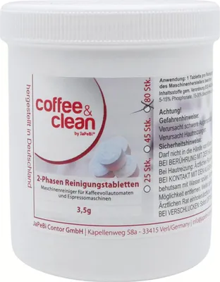 A white container with cleaning tablets for coffee machines.