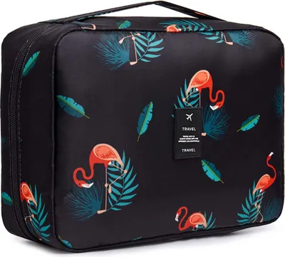 Produktbild von ALSTER HERZ® Reise Kulturtasche zum Aufhängen Schwarz Flamingo, Kulturbeutel mit Tragegriff, A0157