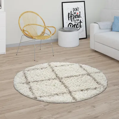 Produktbild von Teppich Wohnzimmer Hochflor Shaggy Skandi Design Mit Rauten Muster, Modern Beige Grösse Ø 120 cm Rund