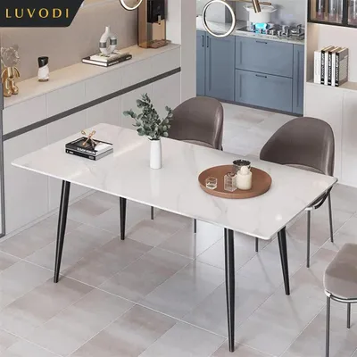 Image de Table de salle à manger - 120 cm - Table de cuisine rectangulaire avec imitation marbre et pieds en métal, pour 4 à 6 personnes