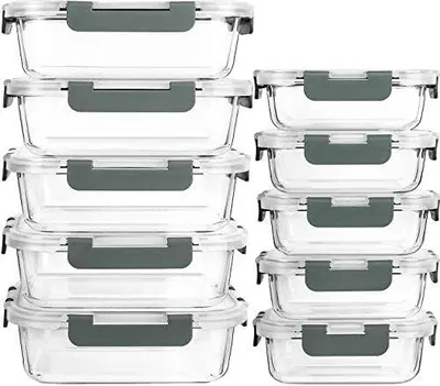 Produktbild von Glas-Frischhaltedosen Set, 20 Teile (10 Behälter, 10 Deckel), Spülmaschinenfest, Mikrowellen & Gefrierschrankgeeignet, Auslaufsicher, Modern, Lebensmittelbehälter, Frischhaltedosen
