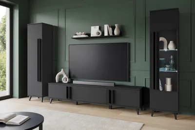 Image de MINIO go for it, ensemble mural HURON II – étagère murale avec 2 armoires, meuble TV bas, 1 étagère suspendue, pieds en plastique, avec éclairage LED, couleur noire