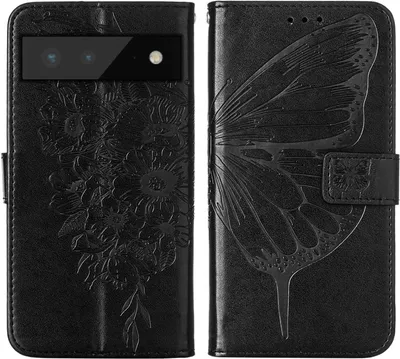 Produktbild von Google Pixel 6 Hülle, Schmetterling Prägung Flip Leder Kartenfächer Schutzhülle Ledertasche mit Ständer für Google Pixel 6 Schwarz
