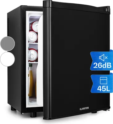 A black mini-refrigerator with its door open, showing cans and a bottle inside. There are also circular color swatches on the left and informational badges on the right.